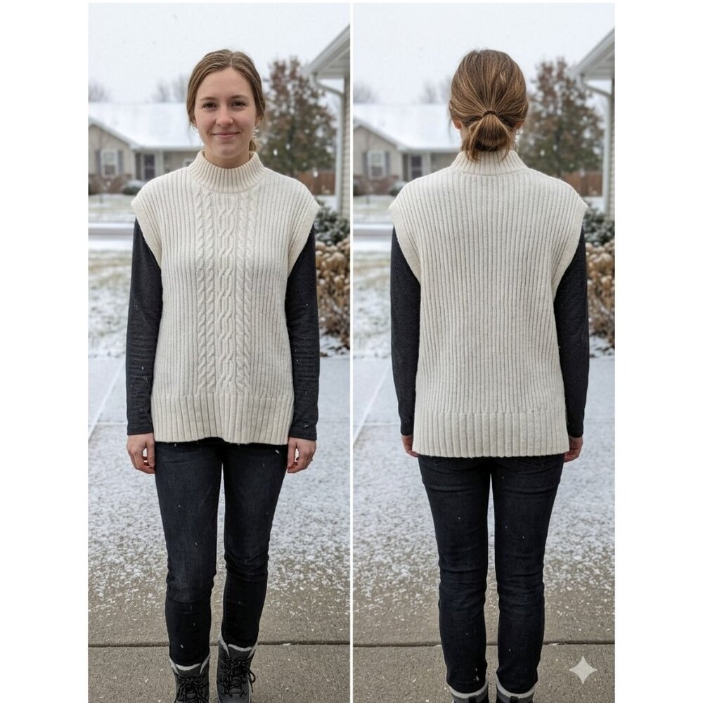 LOFT Cream Cable Knit Sweater Vest Mock Neck Wool Blend Ivory L Coastal Grandma